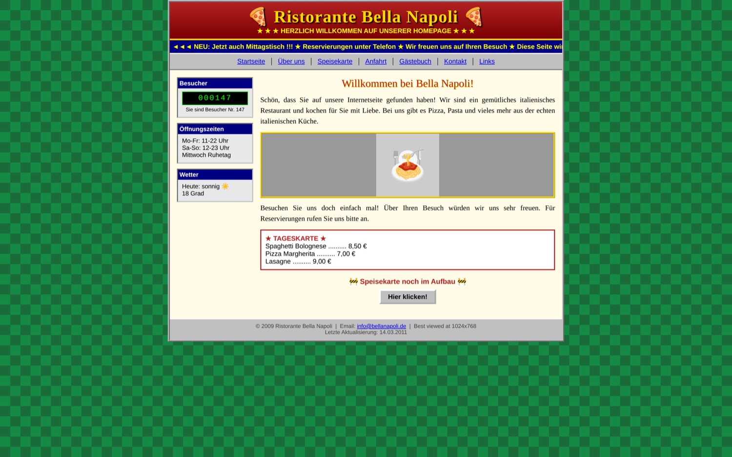 Veraltete Restaurant-Website — unübersichtlich und nicht für das Handy gemacht